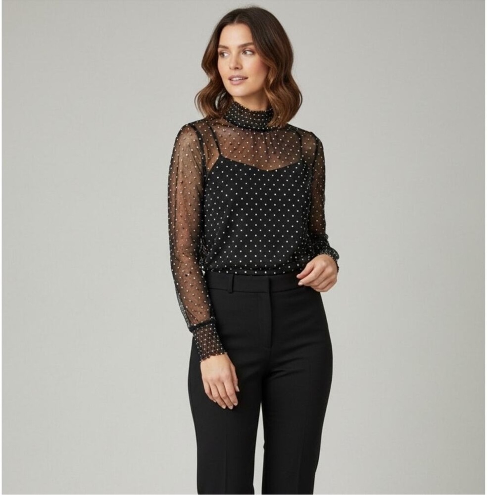 Akris Punto Sheer Lace Polka Dot Blouse Mock Neck Size 8